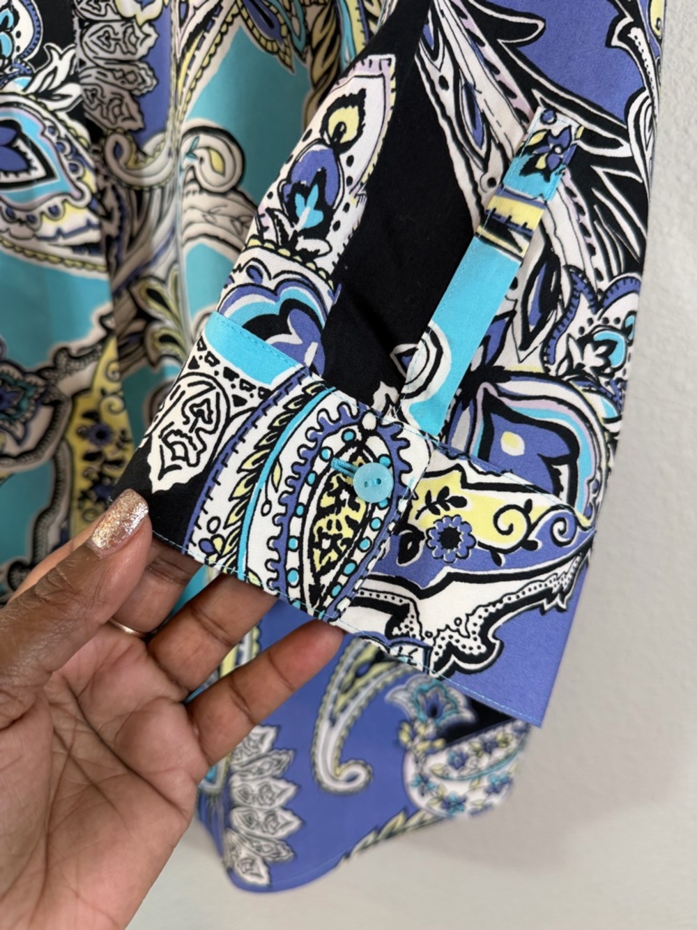 Chico’s No Iron Button Up Shirt Size 1.5 US M/10 Purple Blue Paisley 3/4 Sleeve - Picture 7 of 10